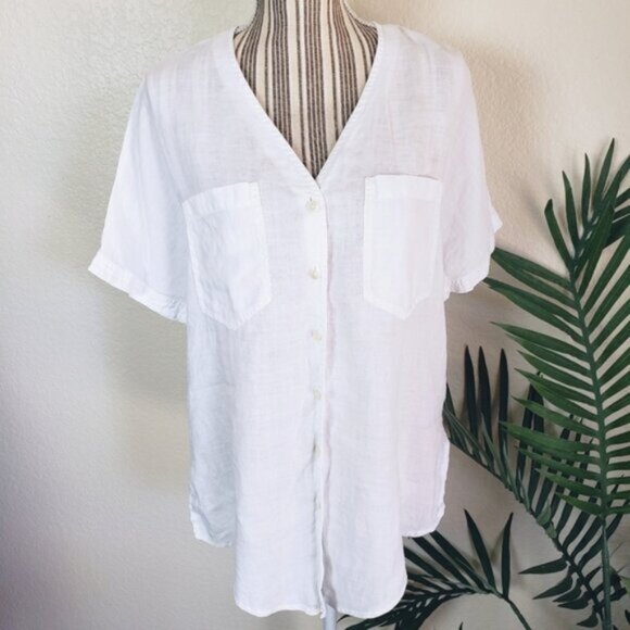JAEGER Linen Classic Shirt Button Up Blouse Short Sleeves size L Resort Basics - Picture 2 of 16